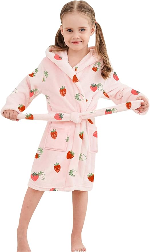 Umeyda Girls Fleece Hooded Robes, Warm Printed Bath Robe for Kids Soft Fuzzy Bathrobe for Gifts