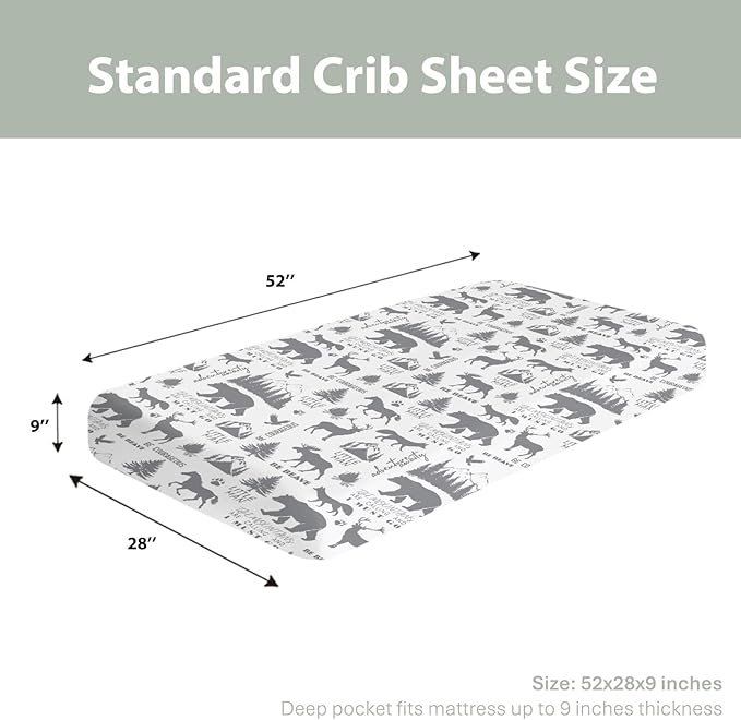 Gray Animals Baby Crib Sheets for Boy 52x28Inch Deer Bear Horse Trees Mountain Soft Stretchy Fitted Crib Mattress Cover Camping Adventure Baby Sheet for Standard Crib & Toddler Mattress