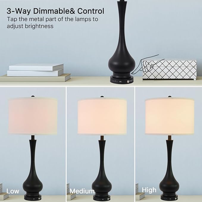 MWWANJLEE Touch Control Table Lamp Set of 2, 3-Way Dimmable Nightstand Lamp Sets with Linen Fabric Shade, Bedside Lamp with USB Port & E26 Socket, Modern Tall Table Lamp