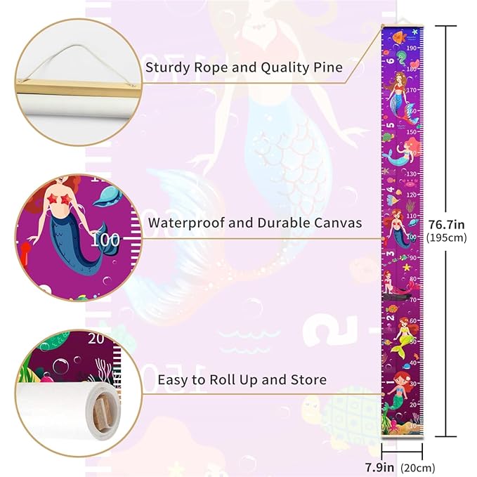 Nustila Ocean Mermaid Growth Chart for Kids Baby Height Chart Ruler Removable Canvas Wooden Frame Hanging Wall Rulers Measurement Charts for Toddler Room Nursery Decor - 79"X7.9" with Beige Wood