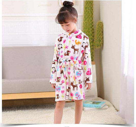 Girls Robes, Plush Soft Coral Fleece Animal Print Hooded Bathrobe for Kids Boys