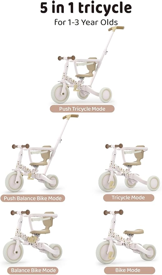 newyoo Lume TR008 Tricycle for Toddlers 1-3, 5-in-1 Push Bike with Parent Handle & Safety Guard, Convertible Balance Bike, Ideal Gift for 1-3 Year Olds, Ivory
