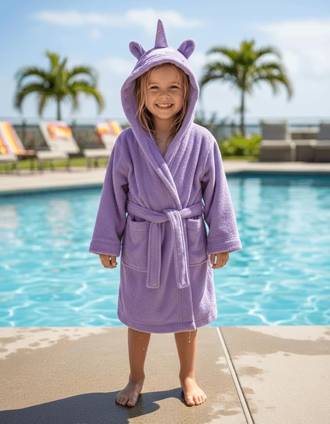 BAGNO MILANO Kids Organic Turkish Cotton Hooded Beach Cover-Up Towel, GOTS Certified, for Boys and Girls (Unicorn Purple, 5-6 Years)