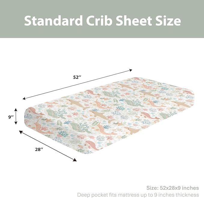 Girly Whale Baby Crib Sheets for Boy Girl 28"x52" Narwhal Shark Jellyfish Corals Soft Stretchy Fitted Crib Mattress Cover Boho Sea Ocean Animals Leopard Baby Sheet for Crib & Toddler Bed Mattresses
