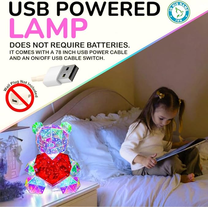 In His Name LED Teddy Bear Night Light Colorful LED Light Up Bear with Red Heart for Kids Room Premium Bedside Nursery Decor Cute Lamp for Toddler Unique Gifts Spring Decor