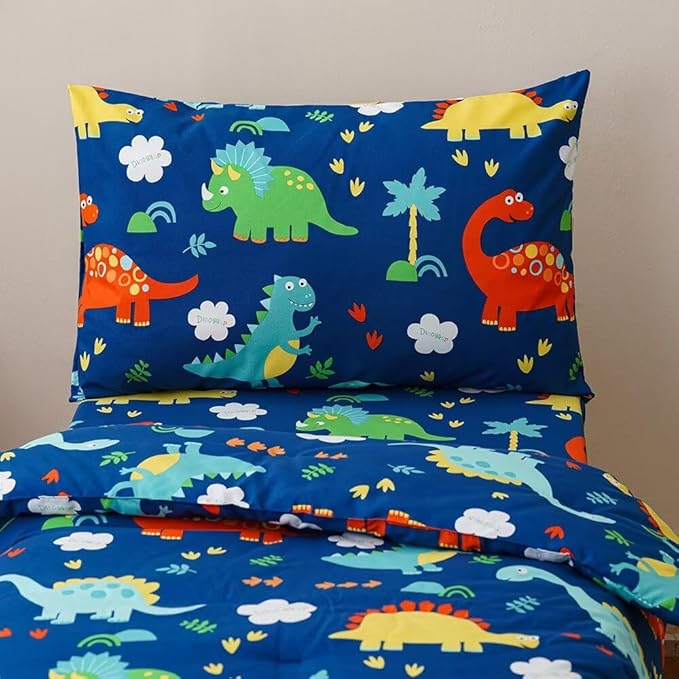 CLOTHKNOW Dinosaur Toddler Bedding Sets for Boys, 4 Pieces Bedding Sets Cartoon Cute Animal Pattern, Soft Crib Bed Set Including Comforter, Flat Sheet, Fitted Sheet and Pillowcase, Blue