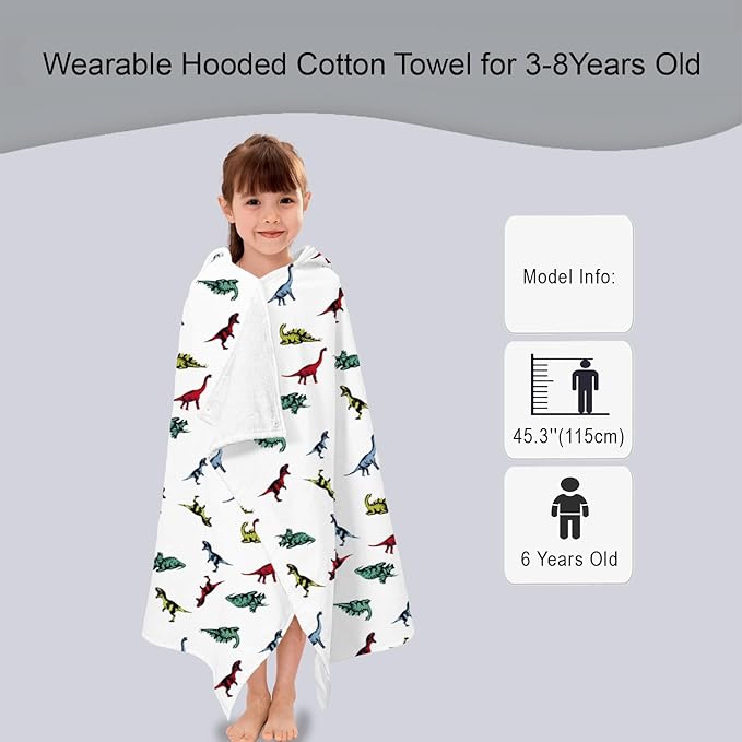 VOOVA & MOVAS Hooded Bath Towel for Kids (3-8 Years) – 100% Cotton Soft Absorbent Swim Towel (30"x50") – Perfect for Pool, Beach, Bath,Dino