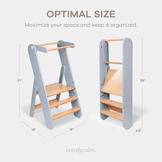 Comfy Cubs Kids Step Stool for Ages 3+, 3 Height Adjustable Toddler Tower, Montessori Furniture Designed in The US - Toddler Standing Tower for Kitchen Sink & Bathroom Access - Pacific Blue