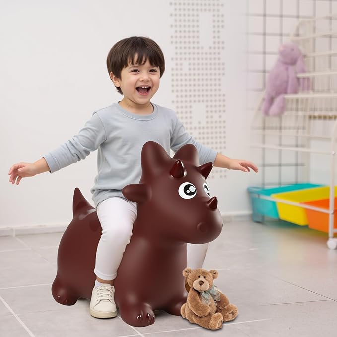 INPANY Bouncy Horse, Dinosaur Hopper Toys, Toddler Bouncing Animal, Dinosaur Party Decorations, Inflatable Ride on Rubber Triceratops Bouncer, Outdoor Cool Birthday Gift for 2 3 4 Yr Boy Girl Maroon