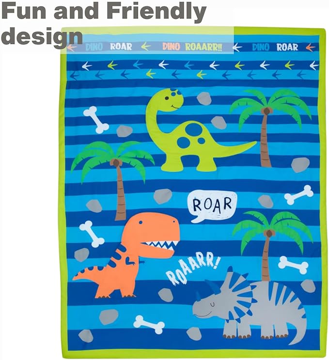EVERYDAY KIDS 4 Piece Toddler Bedding Set – Roaring Dinosaurs - Includes Comforter, Flat Sheet, Fitted Sheet and Reversible Pillowcase – Boys Toddler Bedding