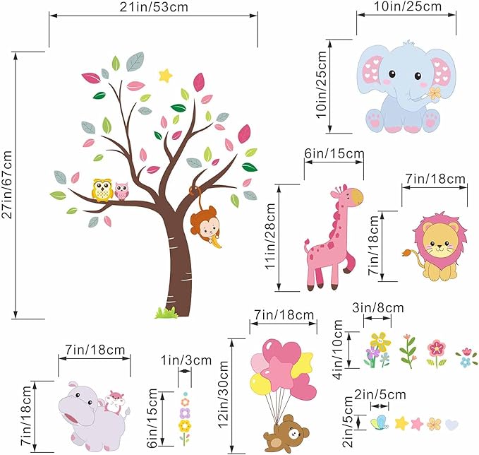 Amimagen Pink Animals Baby Wall Stickers - Forest Lion Elephant Monkey Hippo Wall Decals - Girls Baby Nursery Kids Room Wall Decor