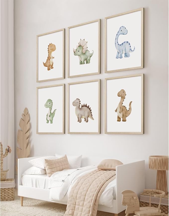Dinosaur Nursery Wall Art Kids Canvas Poster Boys Room Wall Decor Watercolor Dino Wall Art Toddler Baby Pictures Dinosaur Prints Nursery Artwork for Boys Room Bedroom 12x16x6 Inch Wood Framed