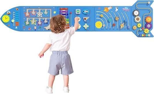Rocket Activity Wall Busy Board Panels - Sensory Wall Panel for Kids, Montessori Toddler Wall Activity Board, Wall Toys for Toddlers 3, Activity Cube, Wooden Boards, Blue
