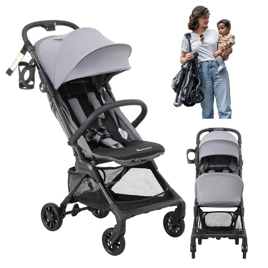 BabbleRoo Hoplite Compact Stroller – Lightweight Travel Stroller for Airplane (12.3 lbs), Newborn to 55 lbs, Easy Fold, PU Wheels, Alloy Frame, Near-Flat Recline, Raincover, Cup Holder, Baby Stroller