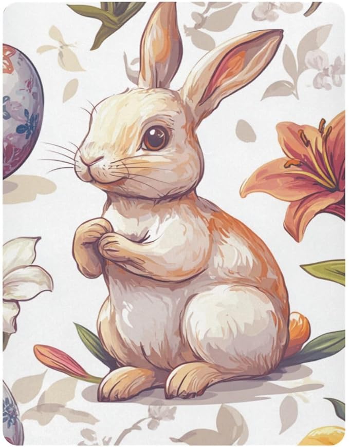 White Easter Bunny Easter Egg Lily Flower Crib Sheets Standard Crib Toddler Mattresses Cover Fitted Baby Bed Sheet Breathable Crib Mattress Sheet for Girls Boys 52" x 28"x5''
