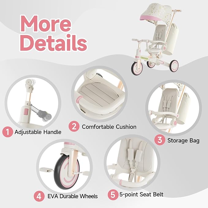WinHope 9-in-1 Push Tricycle for Toddlers 1-3 Years | Convertible Kids Trike with Adjustable Parent Handle & Safety Harness, Lightweight Foldable Design + Storage Basket for Boys & Girls (Pink)
