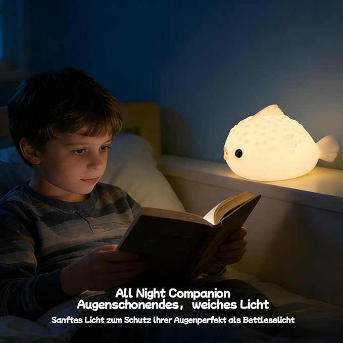DNBFLLK White Pufferfish Night Light - Silicone Touch Sensor Lamp for Nursery, 3 Adjustable Brightness, USB-C Rechargeable Baby-Safe Bedside Light, Modern Kids Room Decor & Toddler Sleep Aid