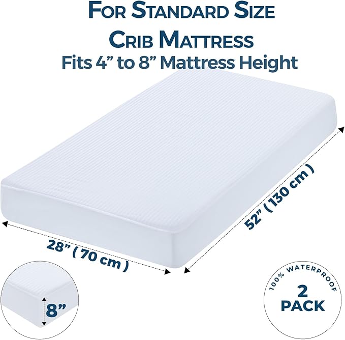 Dreamology Crib Mattress Protector, Waterproof Crib Mattress Pad Cover, 2 Pack Noiseless & Machine Wash 100% Absorbent Crib/Toddler Mattress Protector Sheet Quilted, White, 52" x 28"