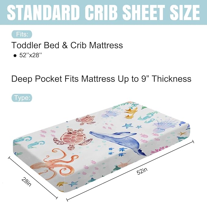 Ocean Animals Corals Sea Weeds Baby Crib Sheet 52''x28'' Colorful Nautical Life Fitted Crib Mattress Covers for Boy Girl Nursery Toddler Baby Bed Sheet Fits Standard Crib Toddler Mattress