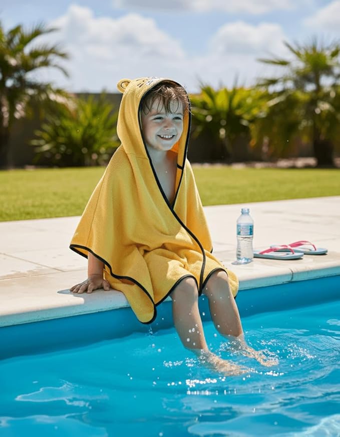 BAGNO MILANO Kids Organic Turkish Cotton Hooded Beach Cover-Up Towel, GOTS Certified, for Boys and Girls (Tiger Yellow, 24"x48"+8"/Hooded Towel)