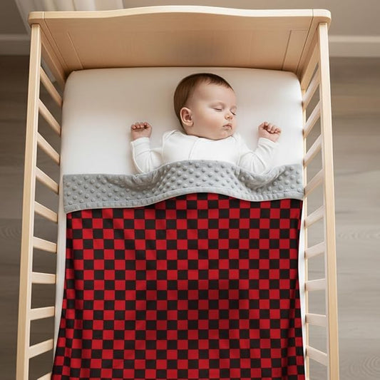 2 Pack Soft Black and White Checkered Baby Blankets for Unisex Girls or Boys Breathable Gender Neutral Nursery Double Layer Blankets with Dotted Backing for Newborn Toddlers (Red and Black)