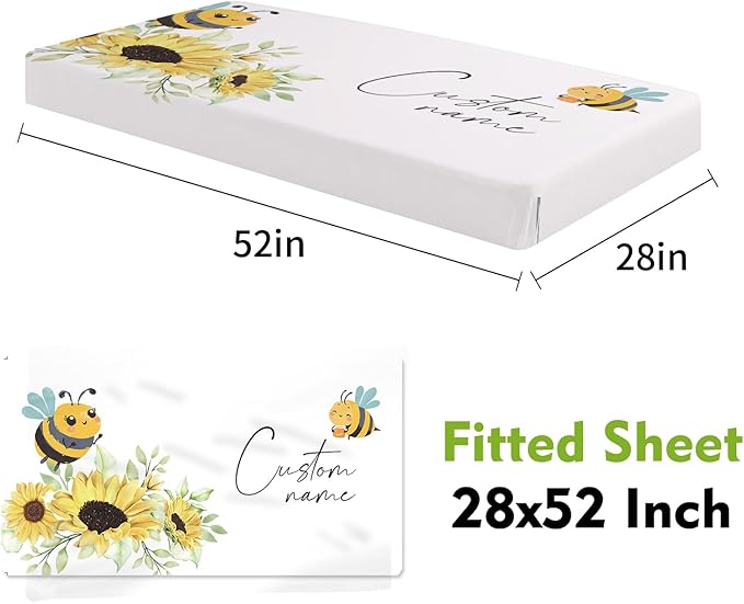 Personalized Crib Bedding Set for Boys Girls, Custom Baby Crib Sets with Name, Yellow Bee Design Nursery Bedding 2 Piece - Soft Blanket with Double Layer Dotted Backing, Crib Fitted Sheet