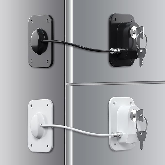 Refrigerator Lock 2 Packs, Baby Proofing Fridge Locks with Silicone Wire Protection & Key - Easy Install Surface-Friendly for Freezer & Refrigerator, Black & White