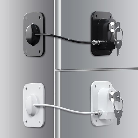 Refrigerator Lock 2 Packs, Baby Proofing Fridge Locks with Silicone Wire Protection & Key - Easy Install Surface-Friendly for Freezer & Refrigerator, Black & White