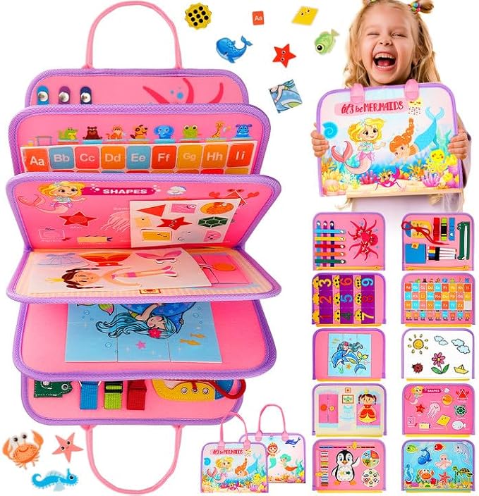 Toddler Busy Board, Montessori Toys for Toddler Girl Birthday Gifts, Learning Toys Sensory Busy Book Toys for Toddlers, Travel Educational Book for Airplane Car | Birthday Gift for Girls, Pink