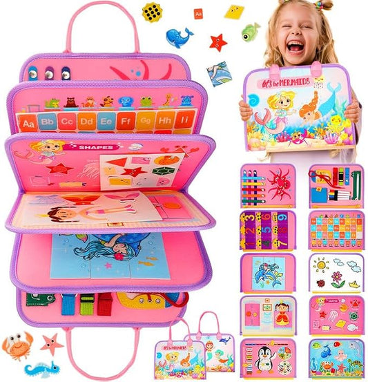 Toddler Busy Board, Montessori Toys for Toddler Girl Birthday Gifts, Learning Toys Sensory Busy Book Toys for Toddlers, Travel Educational Book for Airplane Car | Birthday Gift for Girls, Pink
