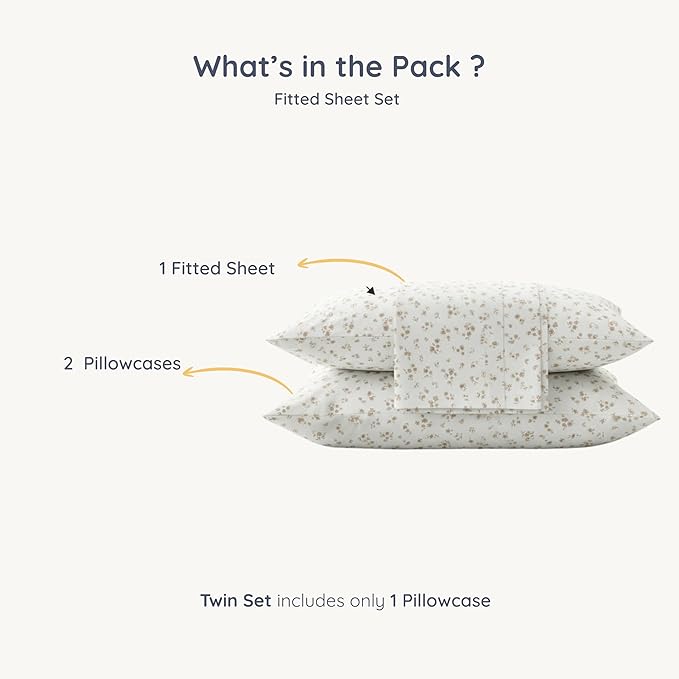 MakeMake Organics Organic Twin Fitted Sheet Set GOTS Certified Organic Cotton Fitted Sheet with 1 Pillowcase Ultra Soft Non Toxic Breathable Hypoallergenic (40"X76", Bloom)