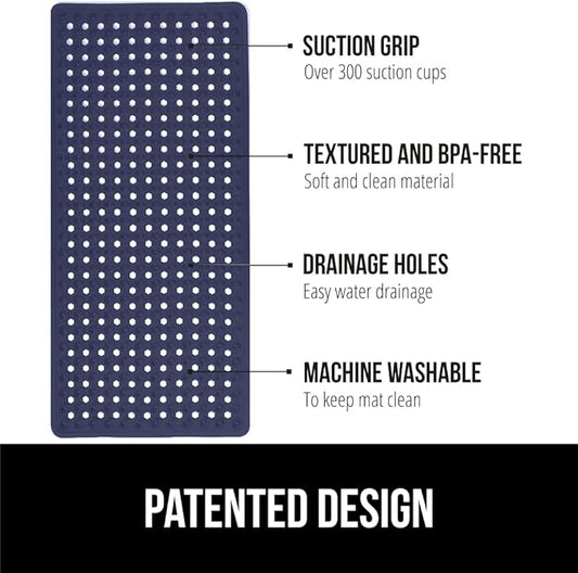 GORILLA GRIP Patented Bath Tub Shower Mat, Machine Washable Bathtub Floor Liner Mats, Suction Cups and Drain Holes to Keep Tubs Clean, Soft on Feet, Bathroom Essentials, 35x16 Inch, Navy Opaque