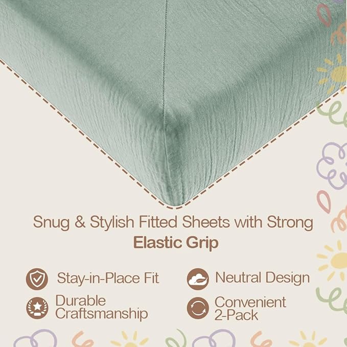 Mère & Moi Muslin Fitted Crib Sheets – 100% Cotton, Ultra-Soft & Breathable Baby Bedding for Standard Crib & Toddler Mattress (28” x 52”) - 2 Pack (Green and Cream)