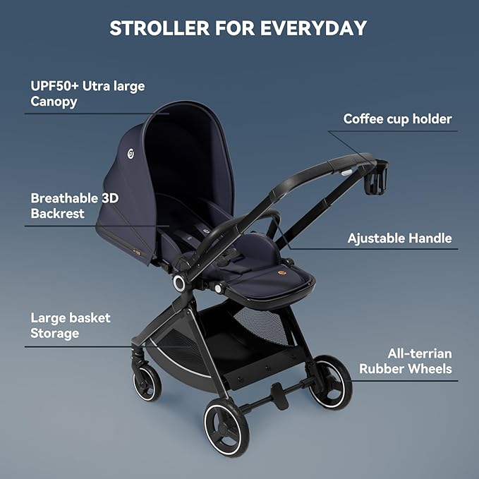 EMU Full-Size Foldable Baby Stroller Full Recline Cockpit Compact Toddler Stroller with Reversible Seat All-Terrain Newborn Infant Pram Carriage for City Outdoor - Dark Blue