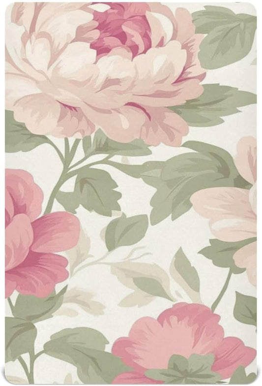 Peony Flowers Fresh Beige Crib Sheets Standard Crib Toddler Mattresses Cover Fitted Baby Bed Sheet Breathable Crib Mattress Sheet for Girls Boys 52" x 28"x5''