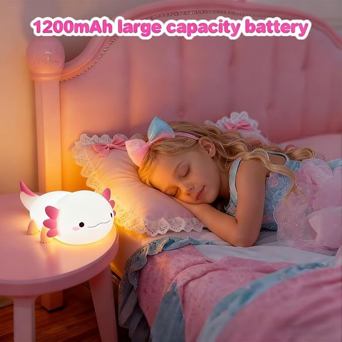 KangTen CHEN Cute Axolotl Night Light for Kids Bedroom, Animal Silicone Nursery Night Lamp Touch Control Nightlights USB Rechargeable Bedside Lamp for Baby Children Toddlers Girls Gift (Pink Axolotl)
