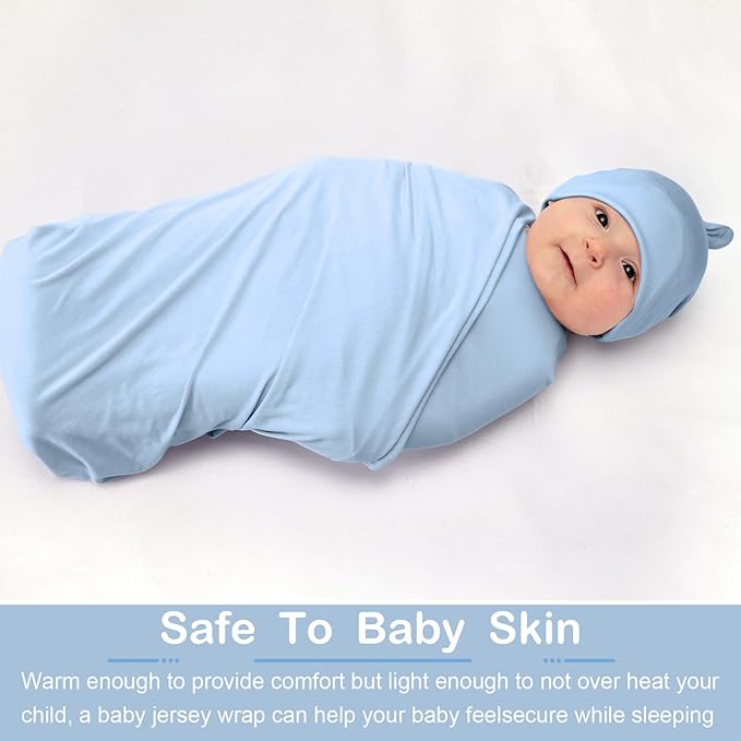 JaGely 2 Pack Baby Newborn Swaddle Blanket and Hat Set 47" x 47" Large Stretchy Receiving Blankets Set for Newborn Baby(Light Gray, Light Blue)