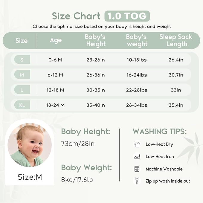 Yoofoss Rayon Made from Bamboo Baby Sleep Sack 0-6 Months 1.0 Tog Baby Wearable Blanket, Super Soft Infant Toddler Sleeping Sack 2-Way Zipper
