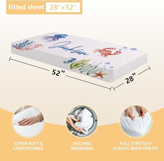 Personalized Baby Bedding Set, 3 Pcs Custom Name Crib Bedding Set for Nursery, Cute Baby Crib Set with Double Layer Blanket for Boys Girls, Customized Gifts for Toddlers Infants, Sea Animals