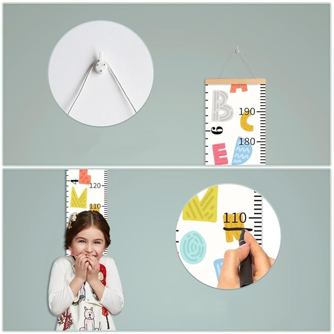 Personalized Growth Chart for Kids, Baby Height Chart with Custom Name, 77"x7.9" Canvas and Beige Wood Height Measuring Rulers for Boys Girls Removable Wall Ruler Hanging for Nursery Decor - Alphabet