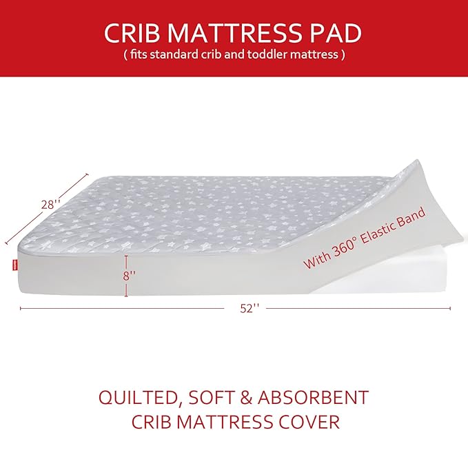 Crib Mattress Protector Waterproof, Quilted Crib Mattress Pad Cover 52" x 28", Extra Soft Breathable Toddler Bed Cover Stretch Up to 8", Grey Star
