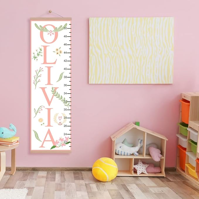 Personalized Name Kids Growth Chart Ruler Flower Dinosaur Growth Ruler Canvas Wall Ruler Oak Solar Woodland Theme Kids Height Chart Baby Wall Growth Chart with Custom Name (Flower)