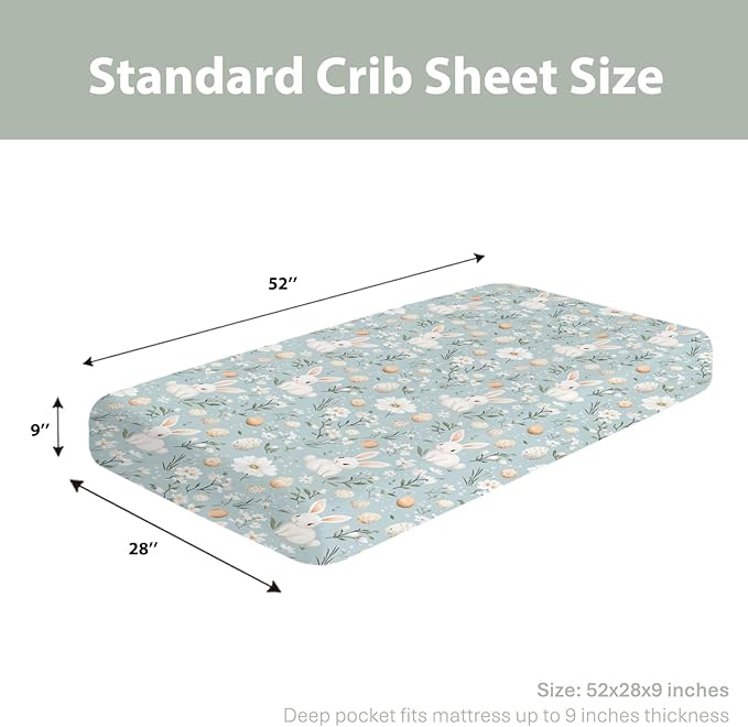 Blue Spring Bunnies Daisy Floral Baby Crib Sheets for Boy Girl 52x28 Cute Rabbits Eggs Flowers Soft Snug Fitted Crib Mattress Covers Spring Garden Baby Sheet for Standard Crib & Toddler Bed Mattress