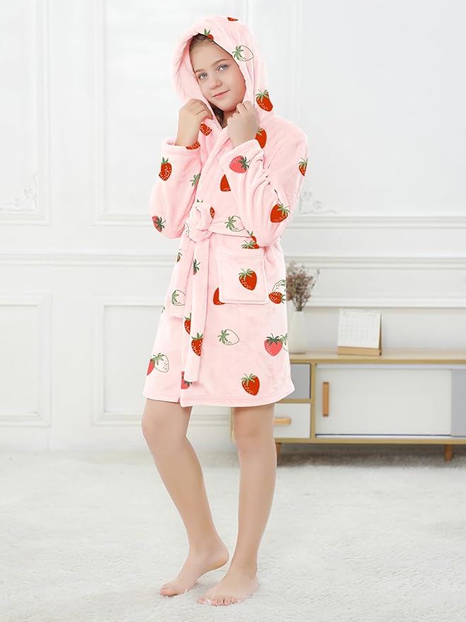 Umeyda Girls Fleece Hooded Robes, Warm Printed Bath Robe for Kids Soft Fuzzy Bathrobe for Gifts