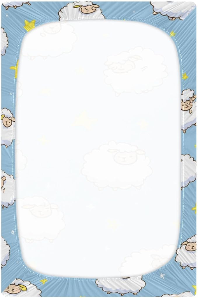 Sheep and Stars Blue Crib Sheets Standard Crib Toddler Mattresses Cover Fitted Baby Bed Sheet Breathable Crib Mattress Sheet for Girls Boys 52" x 28"x5''