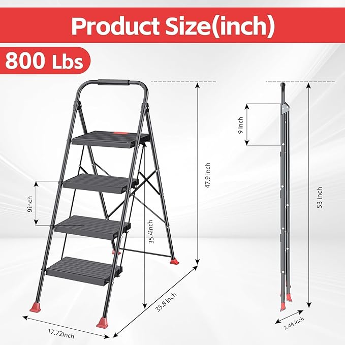 Foldable Step Ladder Folding Stool - 4 Stepping Extension Tall Heavy Duty with Handrails for Home Adults Kitchen - Extendable Stepladder Closet Stepstool Stair Ladders for Indoor House 800Lbs