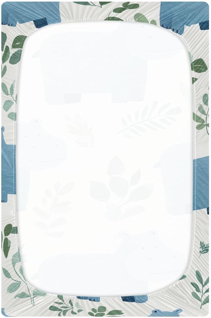 Cute Hippo and Green Leaves Crib Sheets Standard Crib Toddler Mattresses Cover Fitted Baby Bed Sheet Breathable Crib Mattress Sheet for Girls Boys 52" x 28"x5''