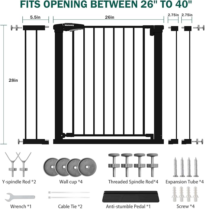 Baby Gate for Stairs, 26-40" Auto Close Dog Gate for Doorways, Pressure Mounted Child Gate with Walk Thru Door, Easy Install Safety Gate for Children and Pets, Black