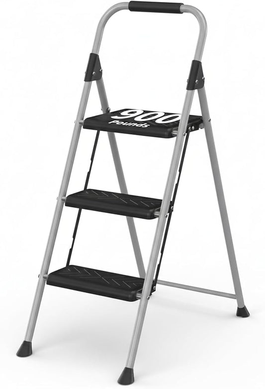 DIAMONDFORGE 3 Step Ladder, Folding Step Stool with Wide Anti-Slip Pedal, Soft Grip Handle, Non-Slip Feet, Sturdy Steel Construction, 900 lbs Capacity Steel Ladder for Home and Office, Grey
