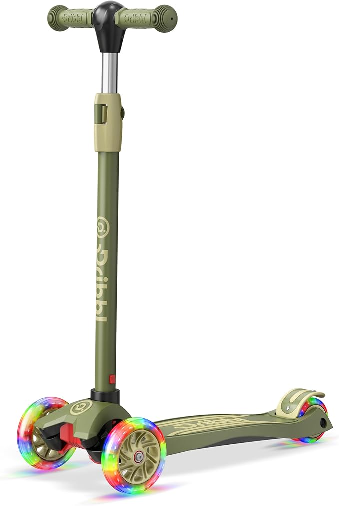 Dribbl 3-Wheel Kids Scooter - Lean-to-Steer Technology, Adjustable Height Handlebar, Wide Anti-Slip Deck, Scooter for Boys & Girls Ages 3+, Child Safety Approved, Support Riders Up to 165 lbs, Army